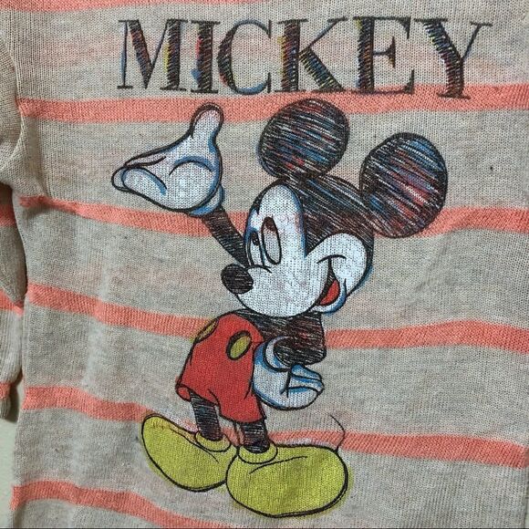 Disney Mickey Mouse Womens Striped Beige & Coral 3/4 Sleeve Sheer Top Shirt Sz M - Picture 2 of 4